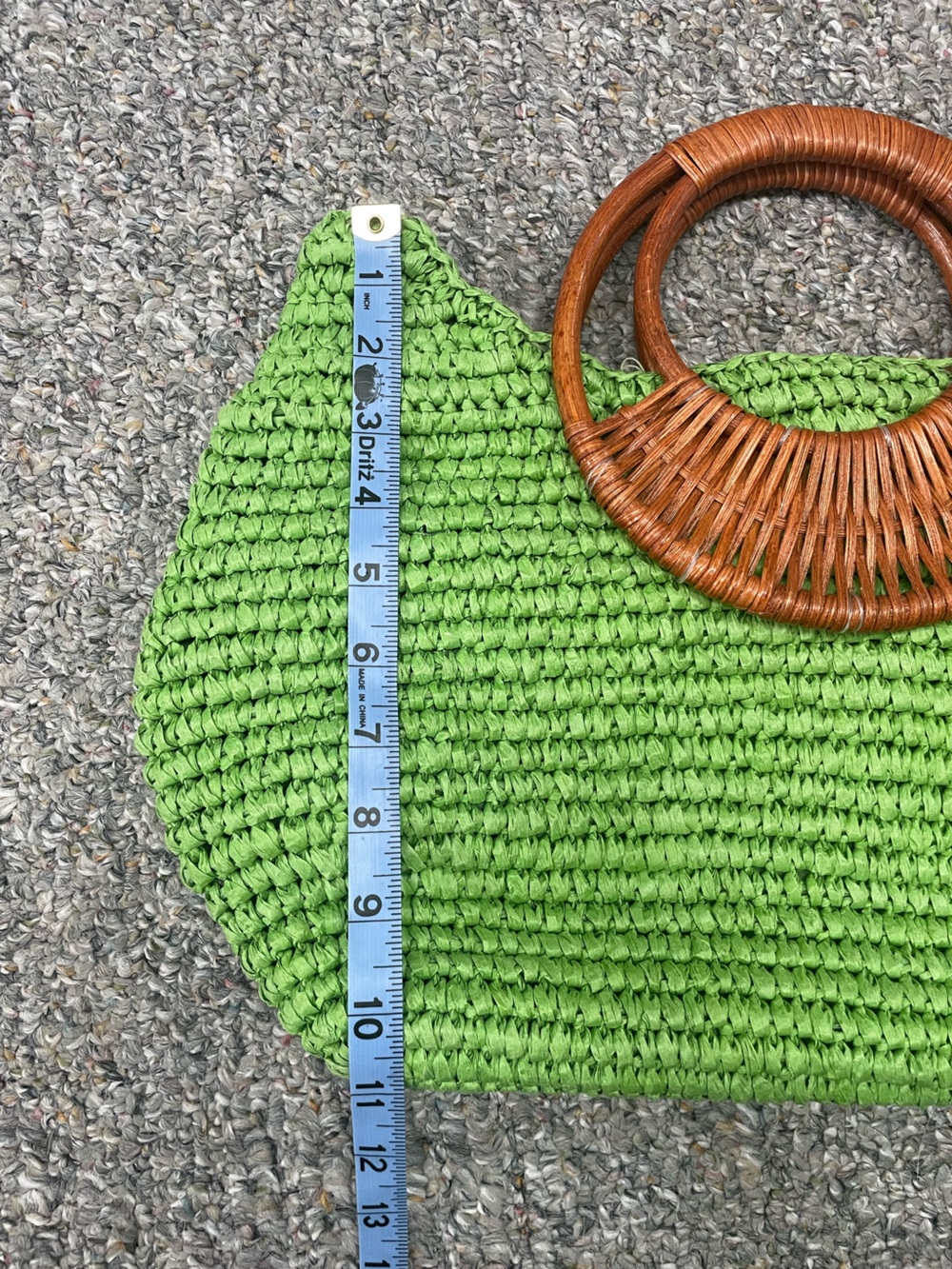 Green Woven Straw Tote with Brown Rattan Handles - Picture 4 of 4